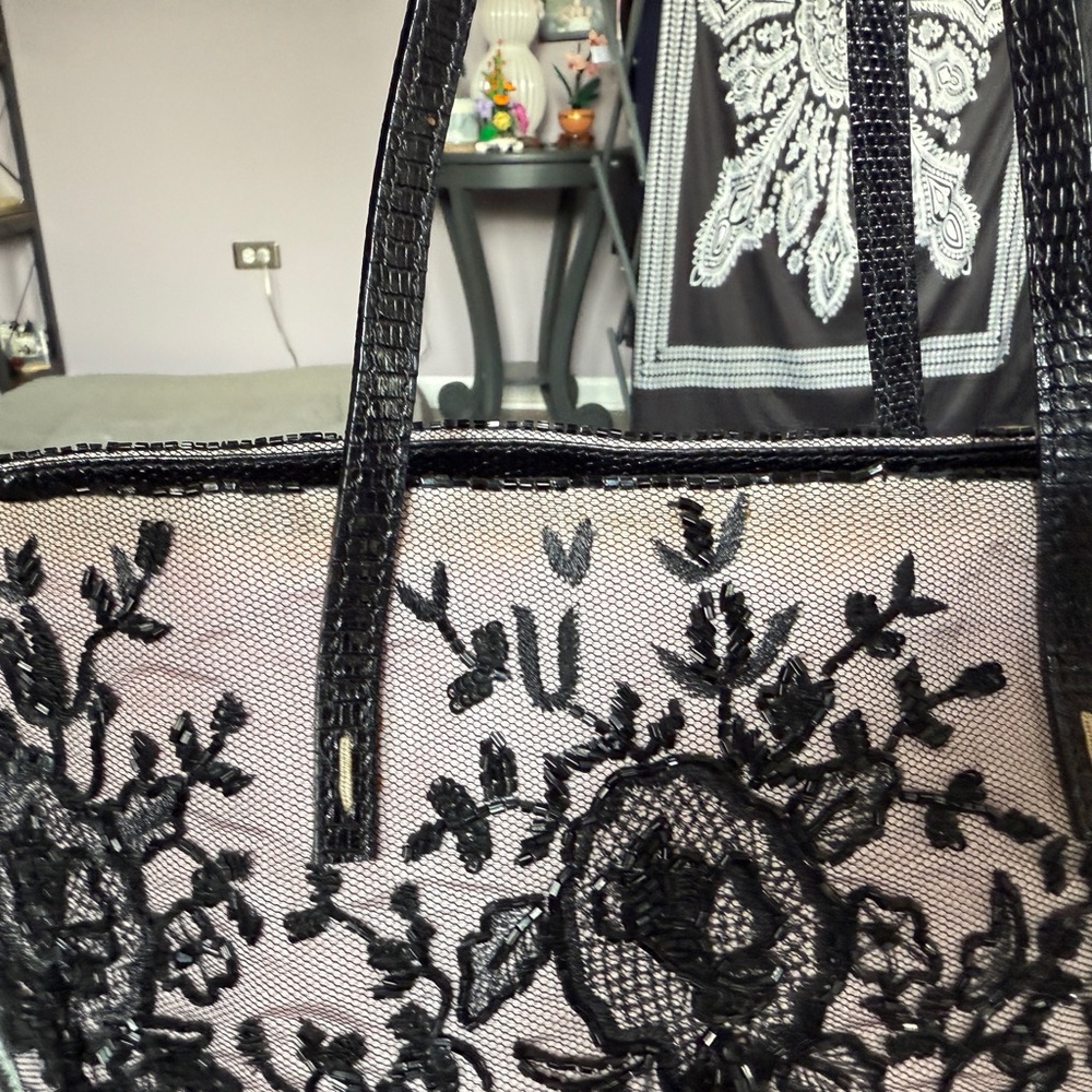 Authentic vintage Valentino Garavani Beaded Black Lace Overlay Tote - Picture 7 of 13